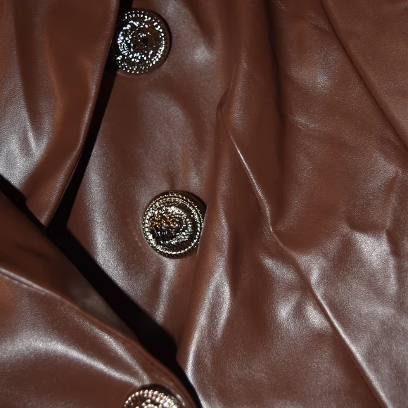 AKIRA SILVER METALLIC BUTTON FAUX LEATHER BROWN BLAZER NWT - Picture 15 of 16